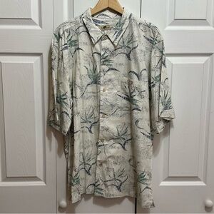 Men's Joe Marlin Tropical Print Collared Shirt - Cream w/ Green/Blue Design, XXL